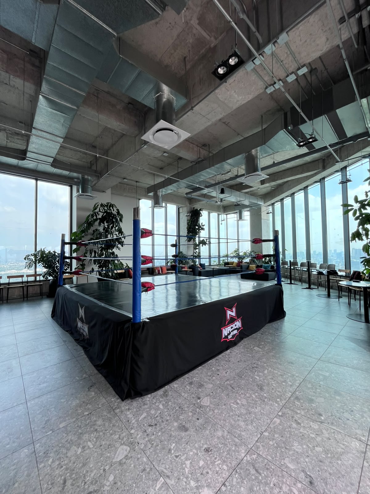 Ring de lucha libre instalado para evento privado en espacio corporativo